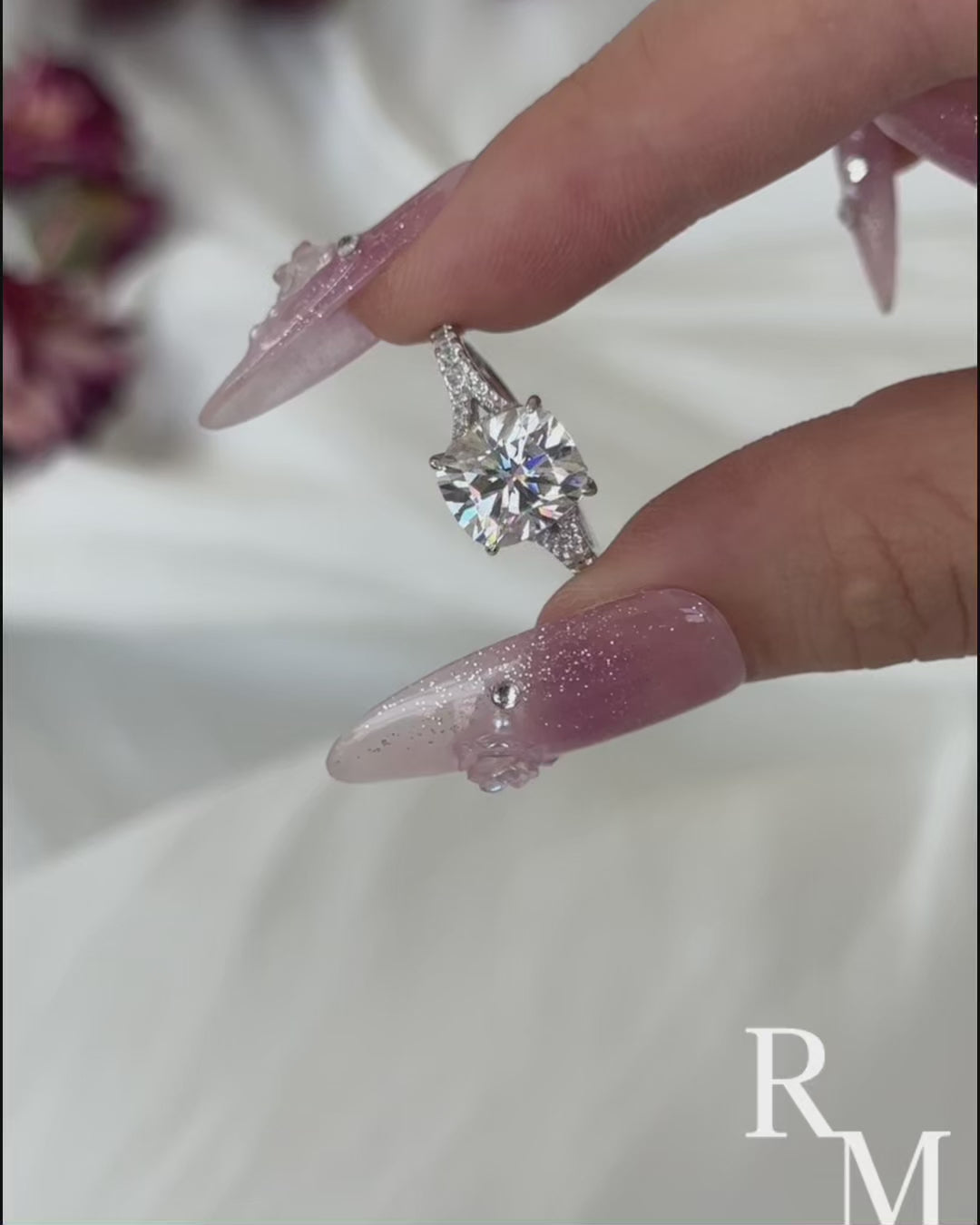 Moissanite 3.0Ct Cushion Cut Split Shank White Gold Engagement Ring