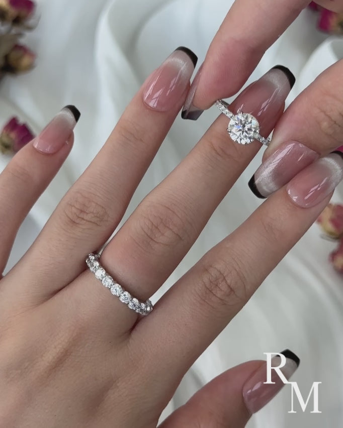 Moissanite 2.0 Ct Round Cut White Gold Engagement Ring with Low Dome Basket Eternity Ring