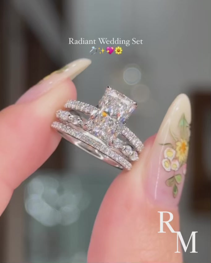 3.5 Ct Radiant Cut Moissanite Diamond Wedding Ring with Round & Marquise Accents Bands