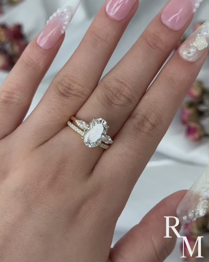 Moissanite 4.0Ct Oval Cut Side Stone Yellow Gold With Pavé Wedding Ring