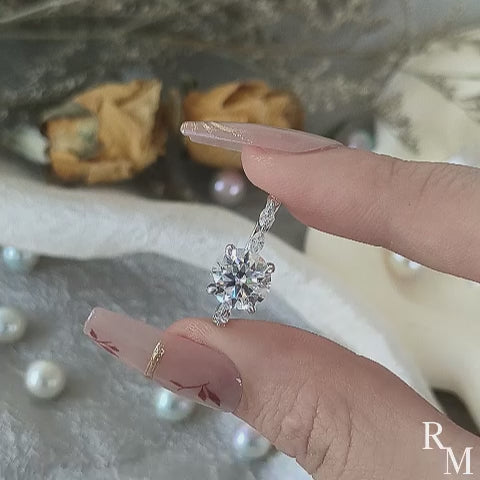 Rodiffy Moissanite 2.0 Ct Round Cut with Marquise Side Stones Hidden Halo Engagement Ring