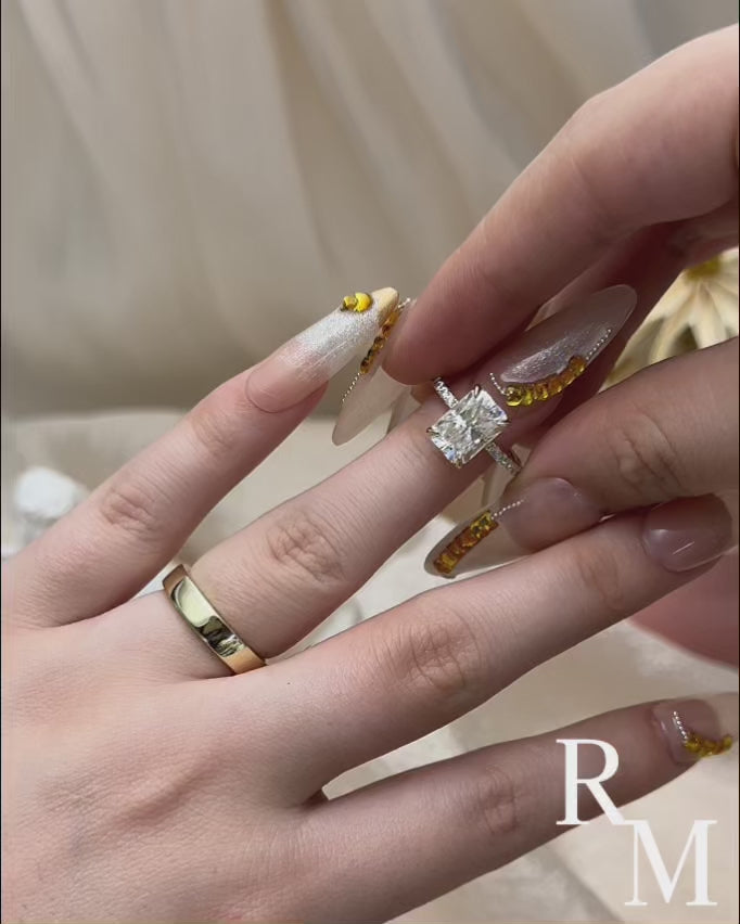 Rodiffy Moissanite 3.5 Ct Radiant Cut Yellow Gold Wedding Ring Set with Wide Wedding Band