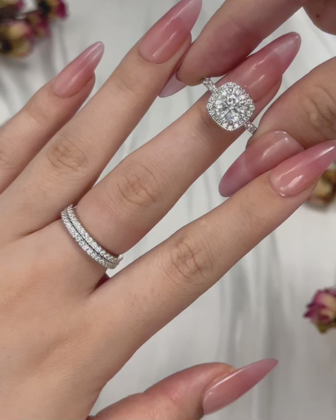 Moissanite 2.0 Ct Halo Round Cut White Gold Promise Ring with Full Eternity Thin Wedding Band