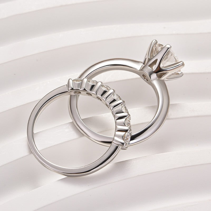 Moissanite 2.0 Ct ~3.0 Ct Round Cut 6 Prong White Gold Engagement Ring with Round Cut White Gold Women's Wedding Band