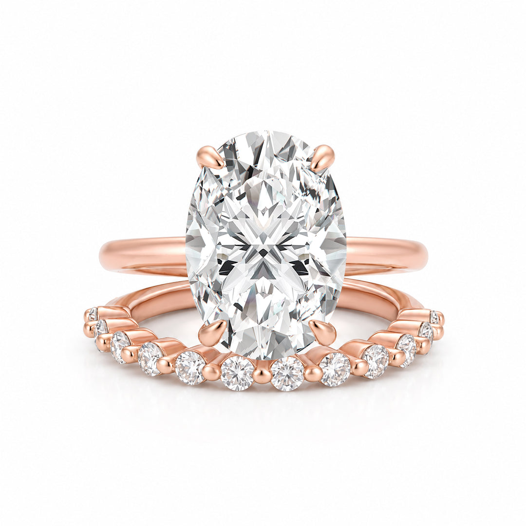 S925 Moissanite Solitaire 5.5Ct Oval Cut Rose Gold Wedding Ring Set With Round Cut Wedding Band