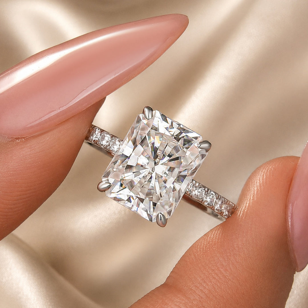 S925 Moissanite 4.0Ct Radiant Cut Hidden Halo Engagement Ring in 18K White Gold Sterling Silver