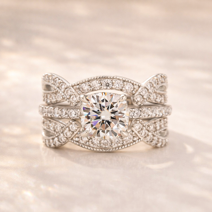 S925 Moissanite 2Ct Cushion Cut Wedding Ring &amp; Twisted Pave 1.17Ct  Band 2PC Enhancer Bridal Ring Set