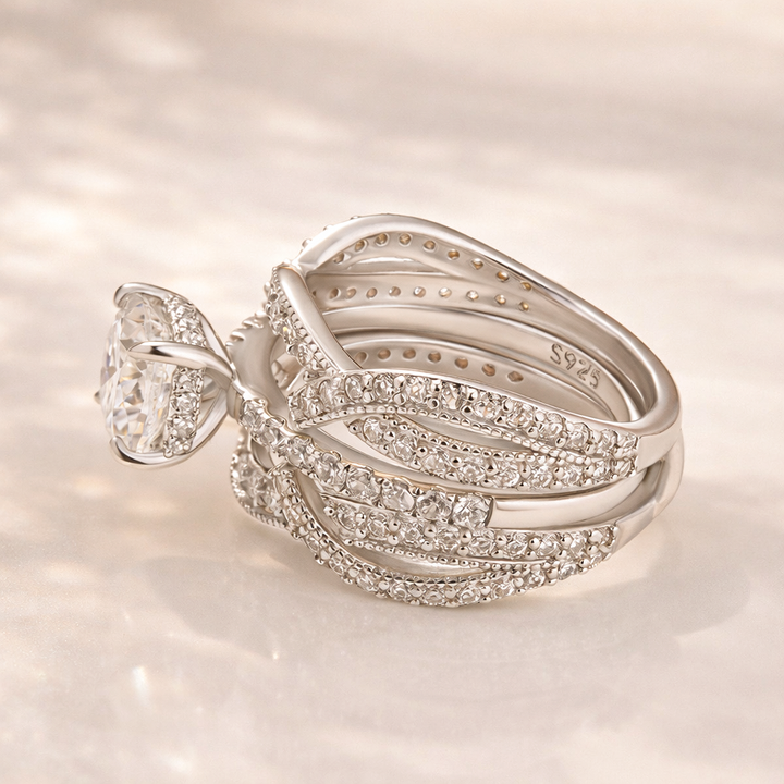 S925 Moissanite 2Ct Cushion Cut Wedding Ring &amp; Twisted Pave 1.17Ct  Band 2PC Enhancer Bridal Ring Set