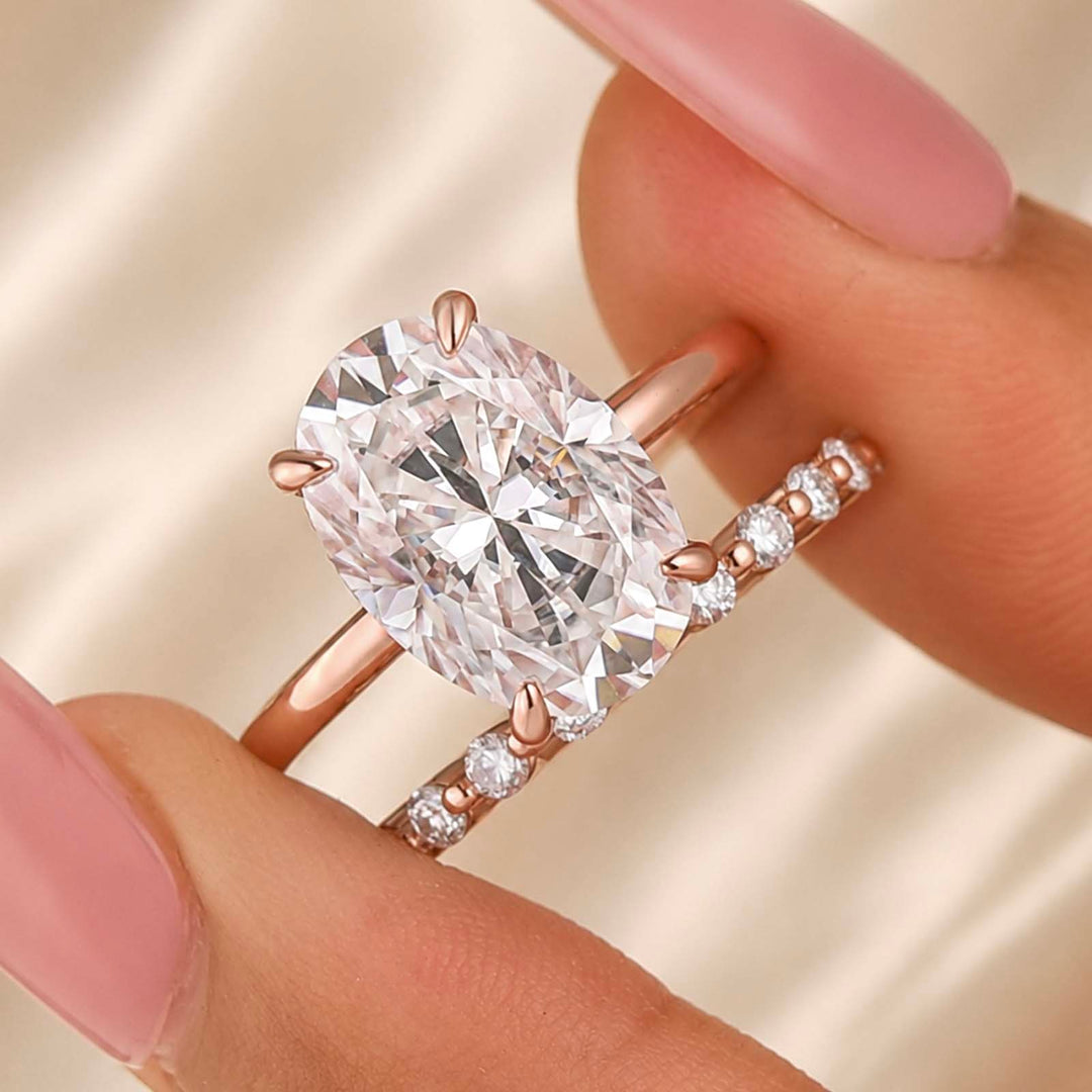 S925 Moissanite Solitaire 5.5Ct Oval Cut Rose Gold Wedding Ring Set With Round Cut Wedding Band