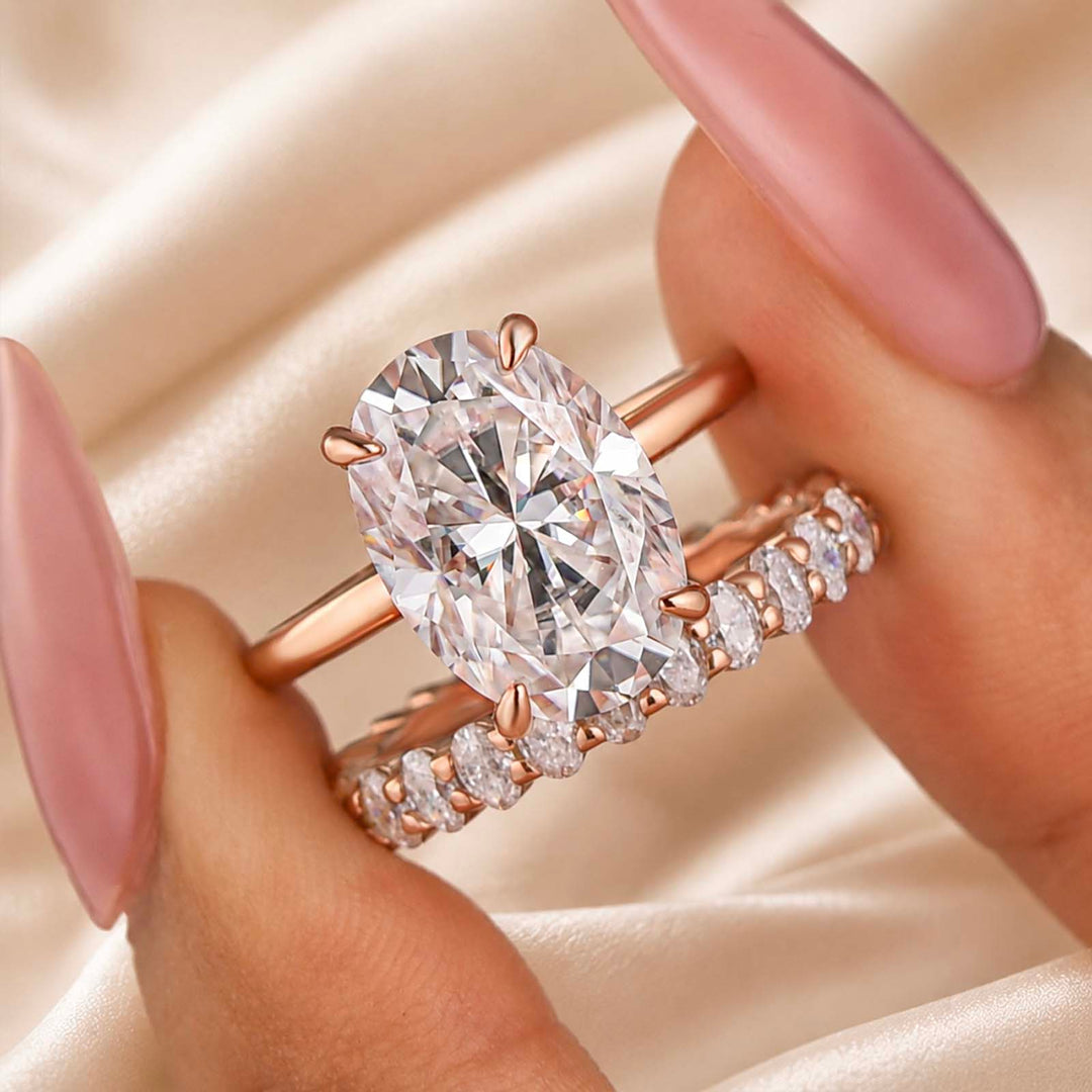 S925 Moissanite 5.5Ct Solitaire Oval Cut Rose Gold Engagement Ring with Eternity Oval Cut Ring