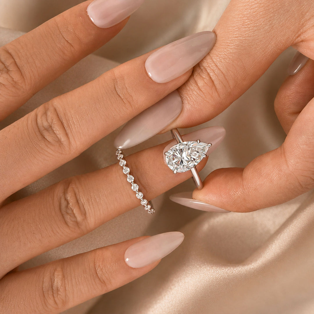 S925 Moissanite 4.0Ct Pear Cut Engagement Ring With Pave 0.36Ct Band 2PC Stackable Bridal Ring Set