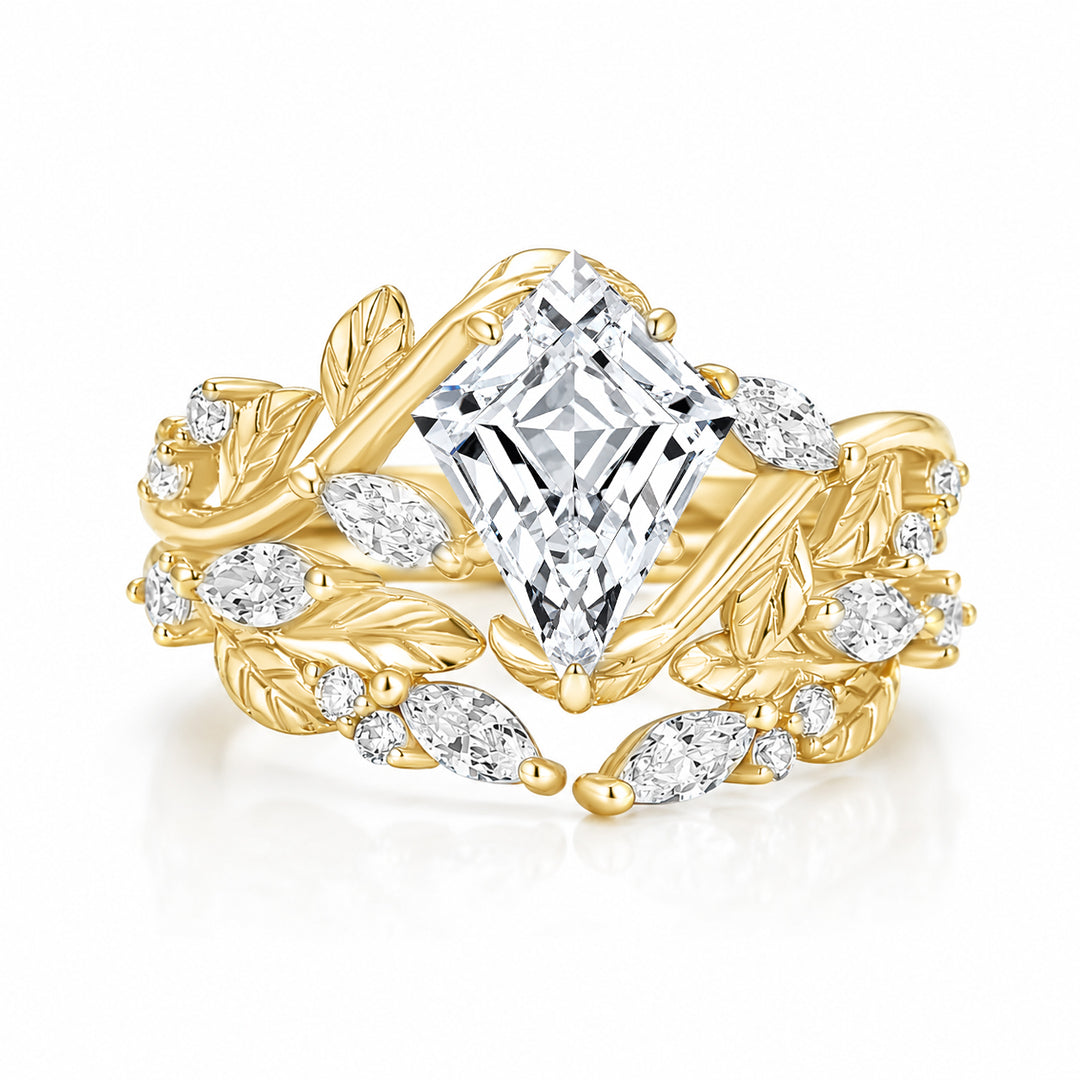 Moissanite 2.2Ct Kite Cut Enhancer Vintage Leaf Vine Ring Sets In Sterling Silver