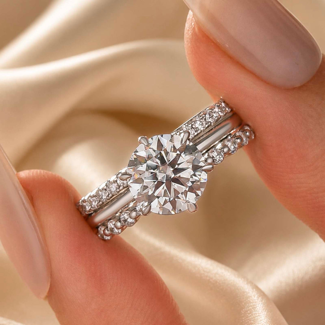 S925 Moissanite 2CT Round Solitaire 3-Piece Bridal Ring Set Engagement Ring With Wedding Bands