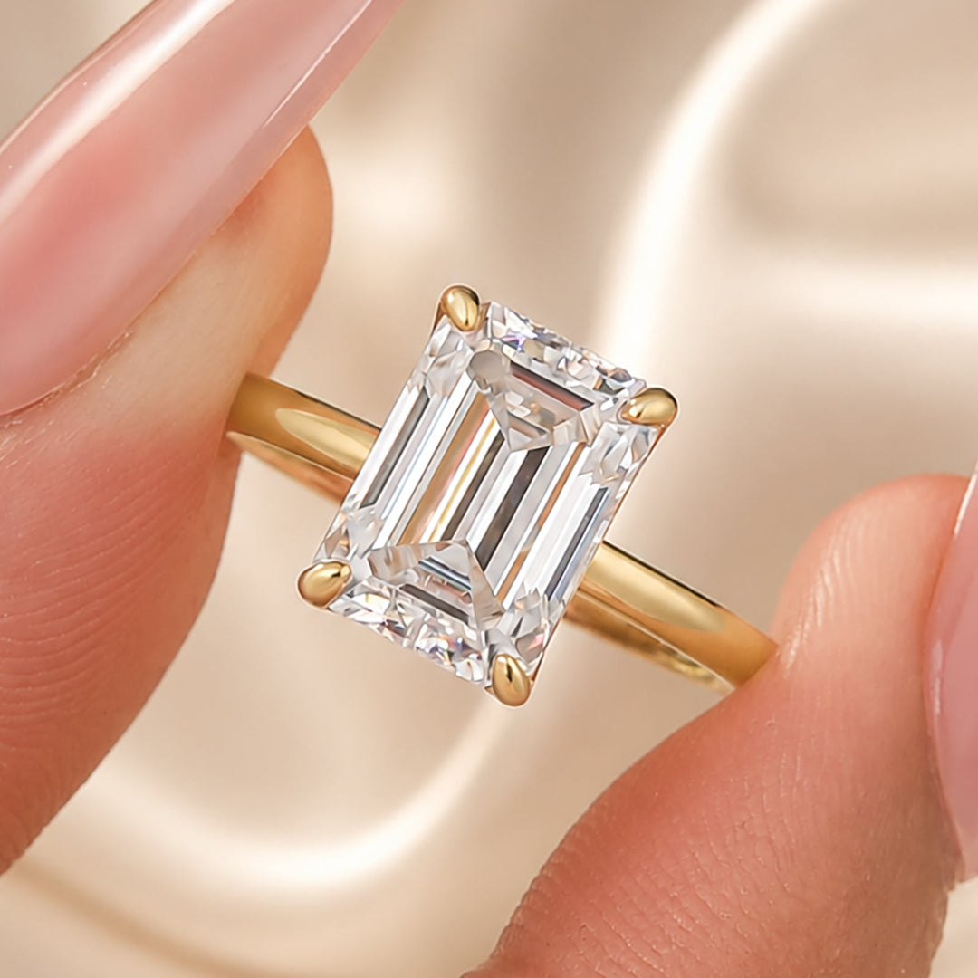 S925 Moissanite 3.5Ct Emerald Cut Solitaire Engagement Ring in 18K Yellow Gold Plated Sterling Silver