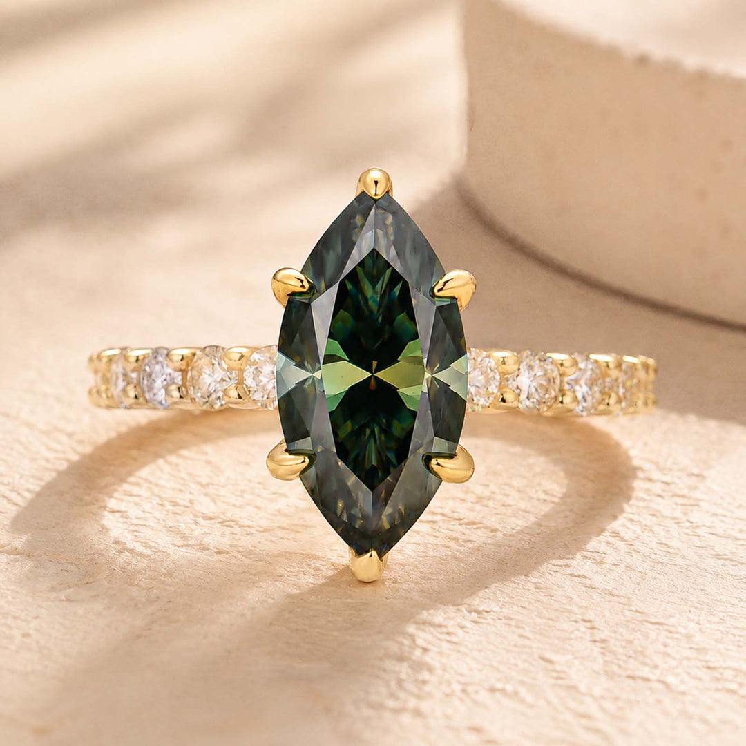 S925 Moissanite 3.0 Ct White &Green Marquise Cut Side Stone Yellow Gold Engagement Ring