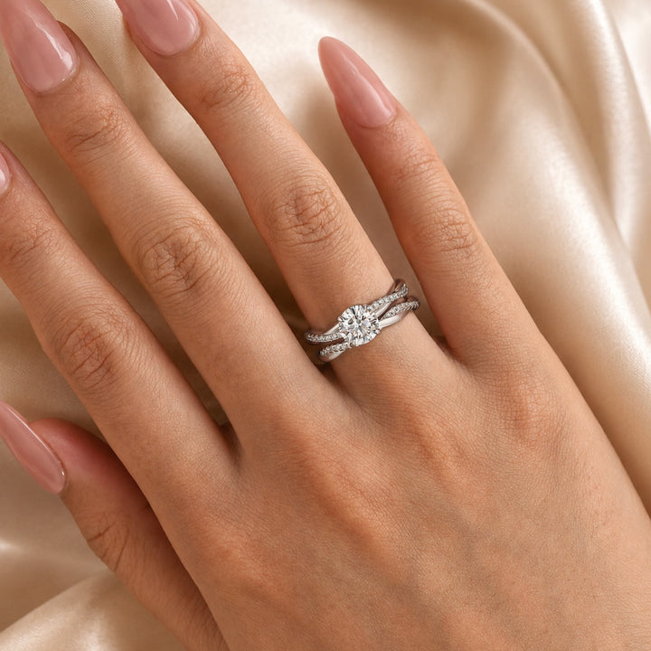 S925 Moissanite Twist 1.0Ct Round Cut 2PC Engagement Ring with 0.22Ct/0.35Ct Round Cut Wedding Band