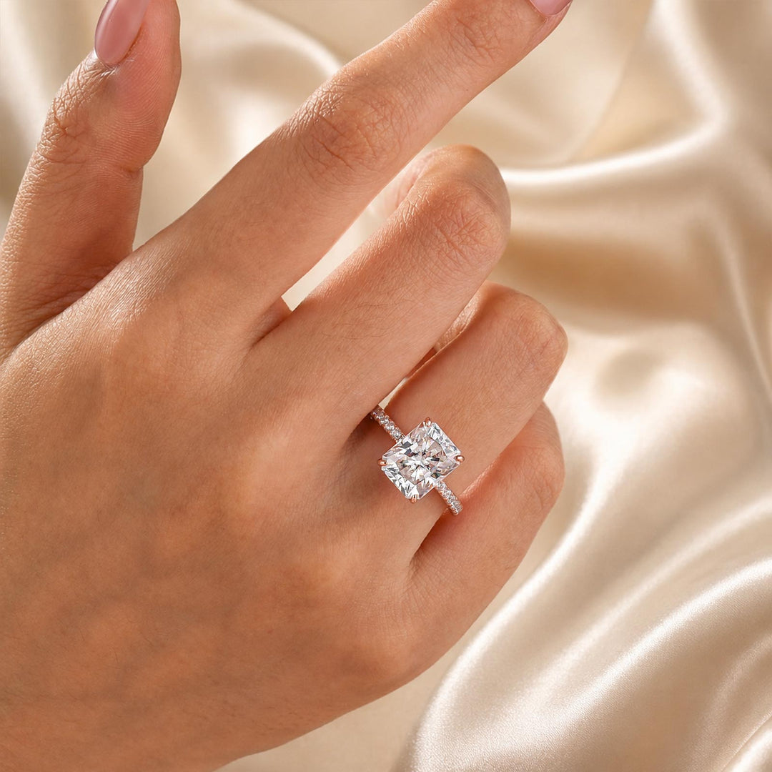 S925 Moissanite 4.0Ct Radiant Cut Hidden Halo Engagement Ring in 18K White Gold Sterling Silver