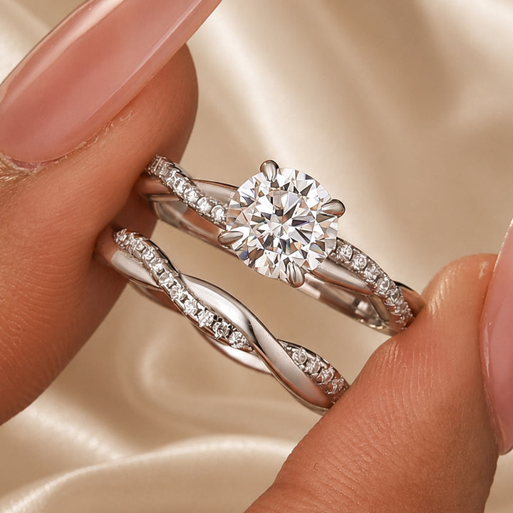 S925 Moissanite Twist 1.0Ct Round Cut 2PC Engagement Ring with 0.22Ct/0.35Ct Round Cut Wedding Band