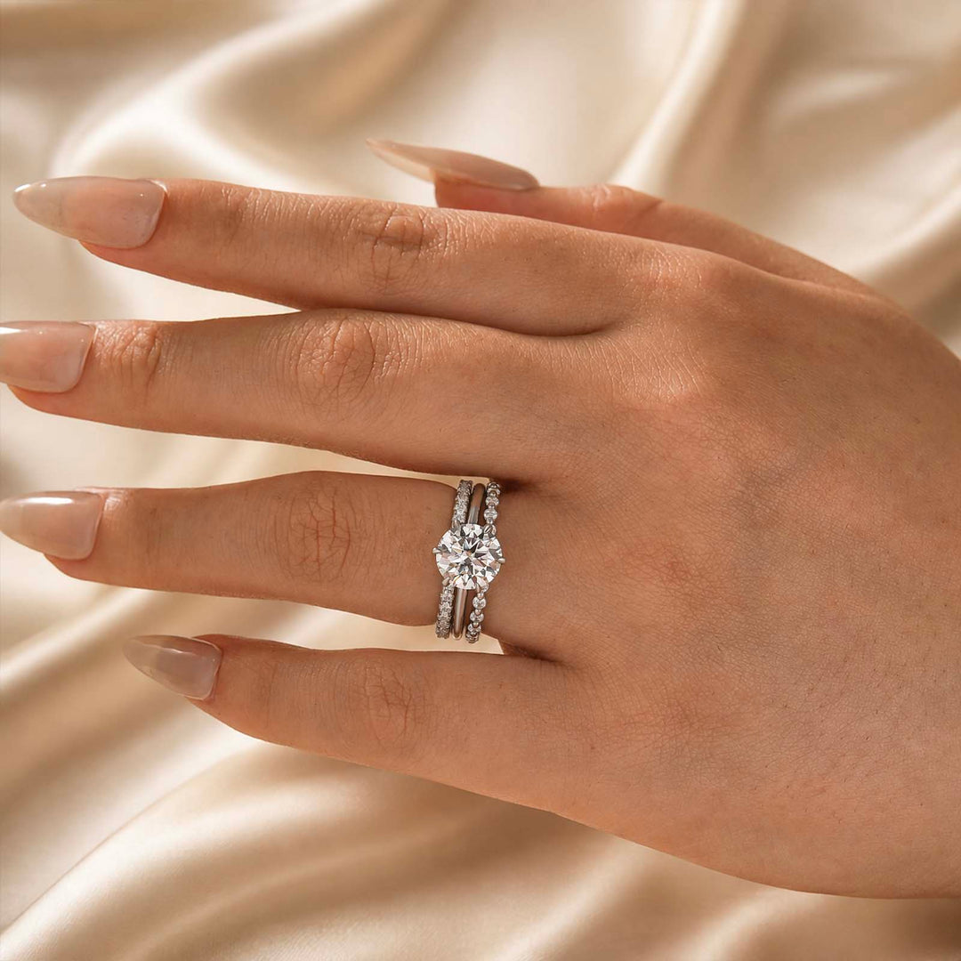 S925 Moissanite 2CT Round Solitaire 3-Piece Bridal Ring Set Engagement Ring With Wedding Bands