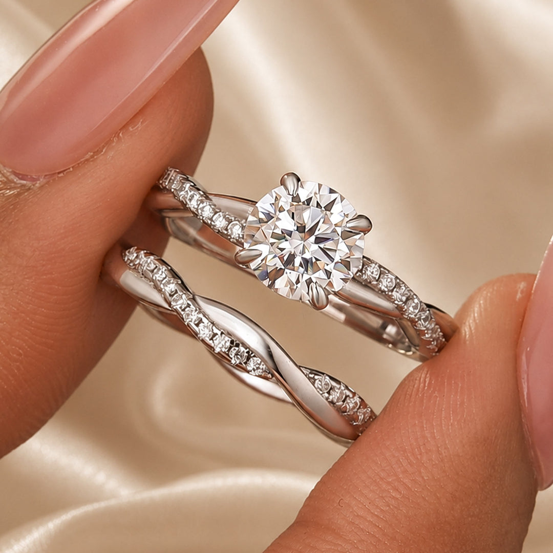 Rodiffy Moissanite 2.0 Ct/1.0Ct Twist White Gold Pave Wedding Ring Set
