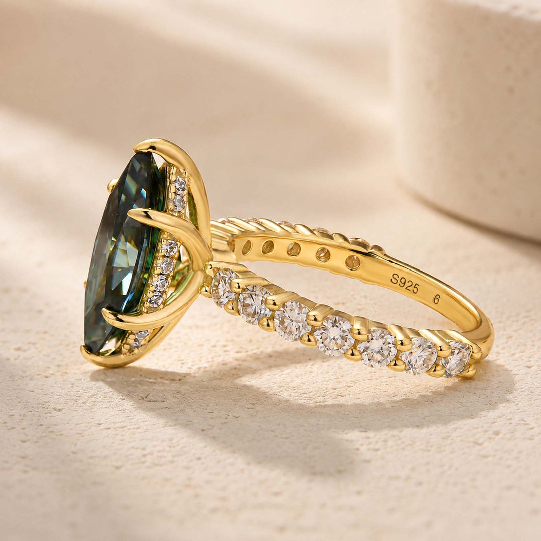S925 Moissanite 3.0 Ct White &Green Marquise Cut Side Stone Yellow Gold Engagement Ring