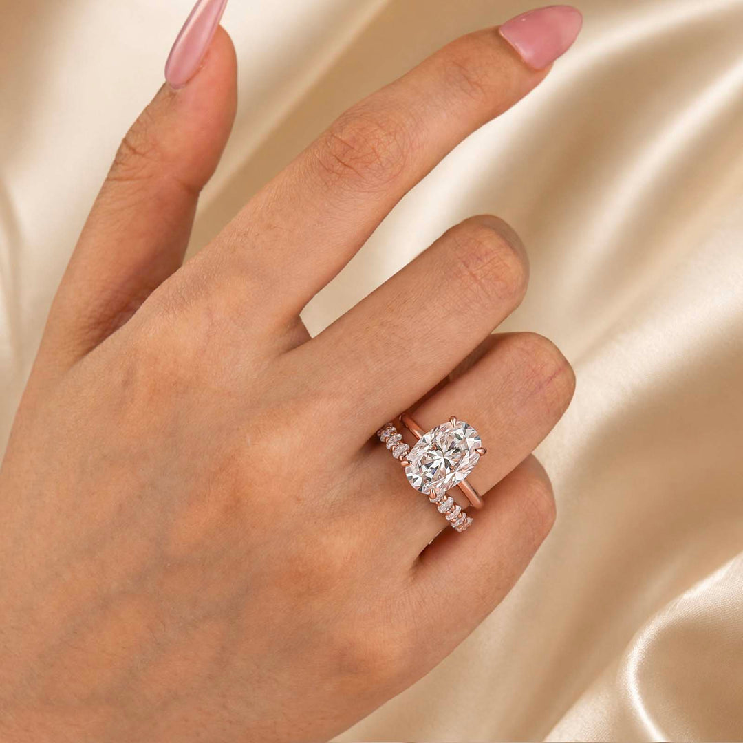 S925 Moissanite 5.5Ct Solitaire Oval Cut Rose Gold Engagement Ring with Eternity Oval Cut Ring