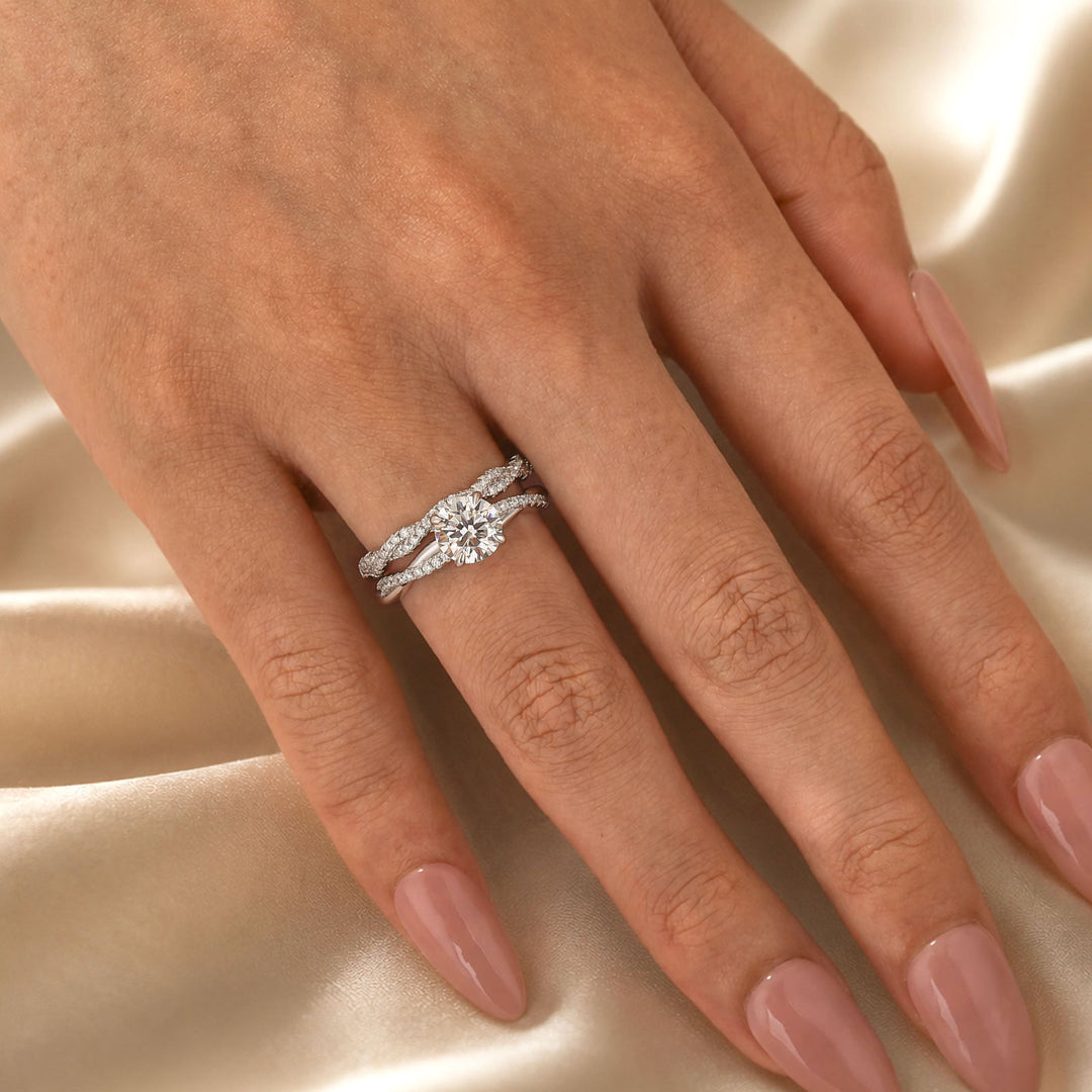 S925 Moissanite 1Ct Round Twist Bridal Ring Set Promise Ring With 0.35Ct Wedding Band Stackable Rings