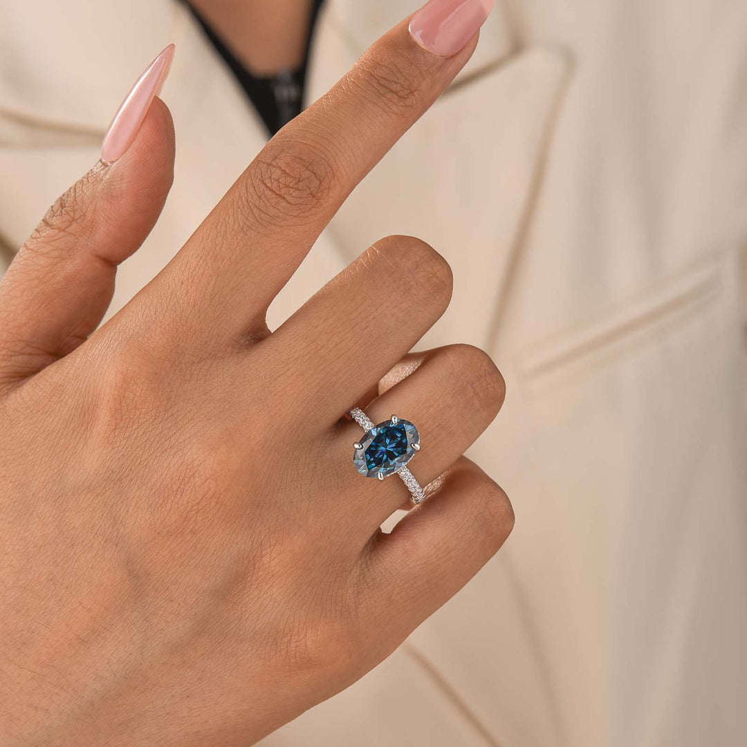 Moissanite 4.0Ct Oval Cut Turquoise/Blue Hidden Halo Engagement Ring in Sterling Silver