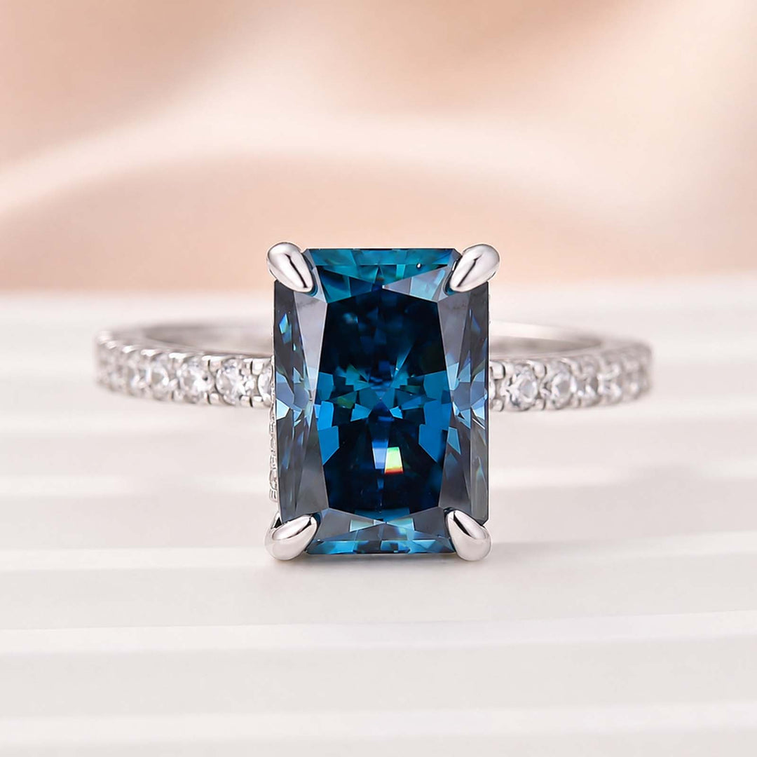 S925 Moissanite 3.5Ct Radiant Cut Blue Stone Stackable Travel For Women In Sterling Silver