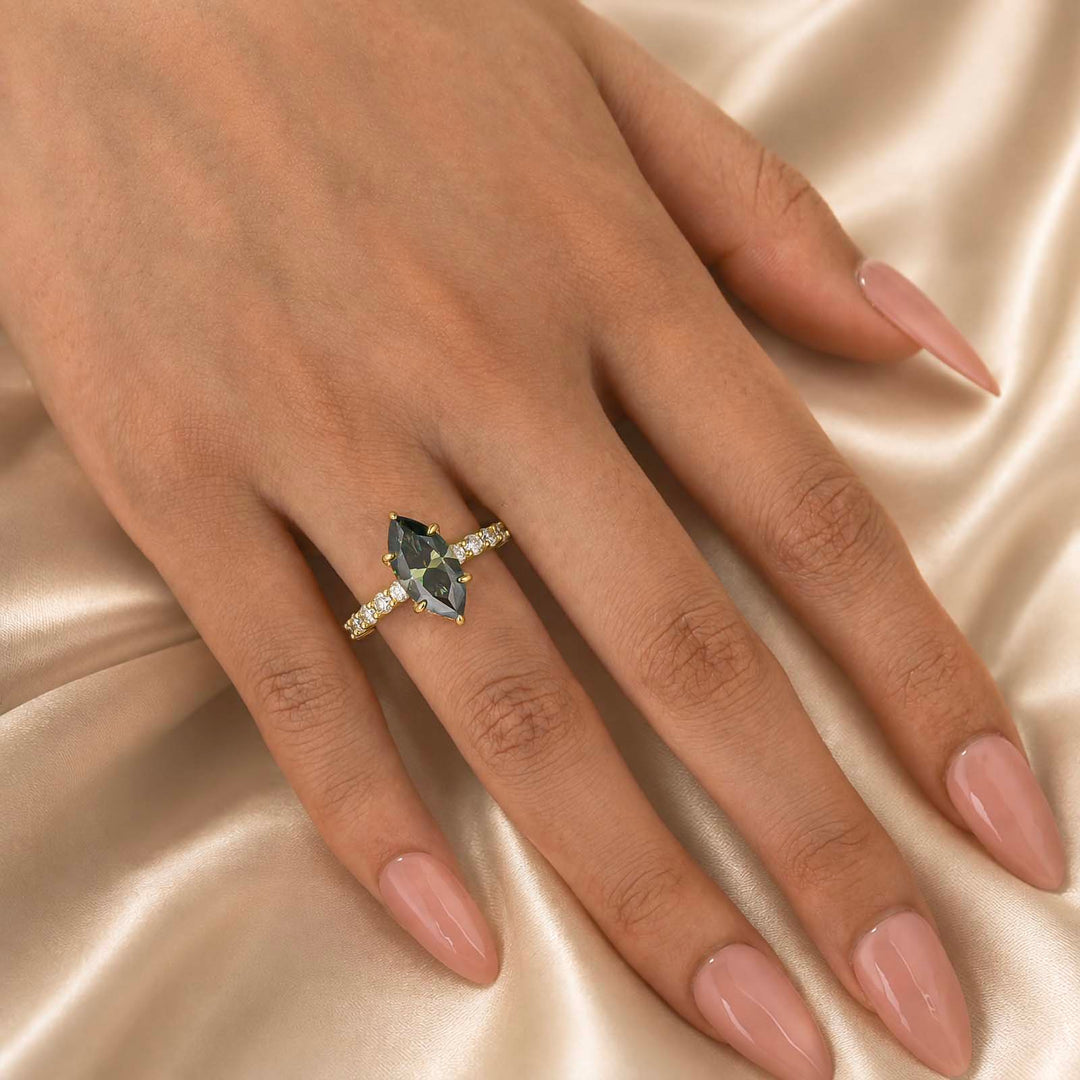 S925 Moissanite 3.0 Ct White &Green Marquise Cut Side Stone Yellow Gold Engagement Ring