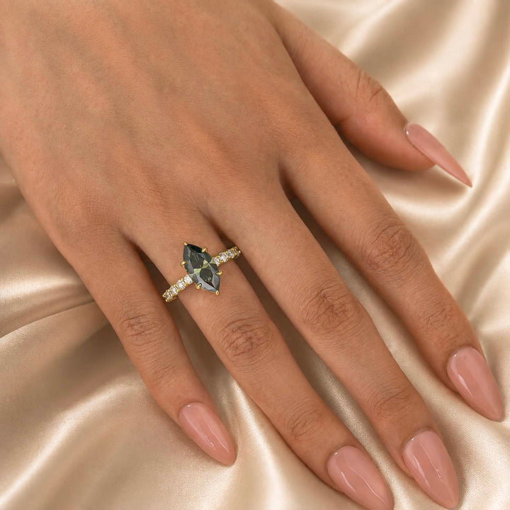 Moissanite 3.0Ct Green Marquise Cut Side Stone Yellow Gold Engagement Ring