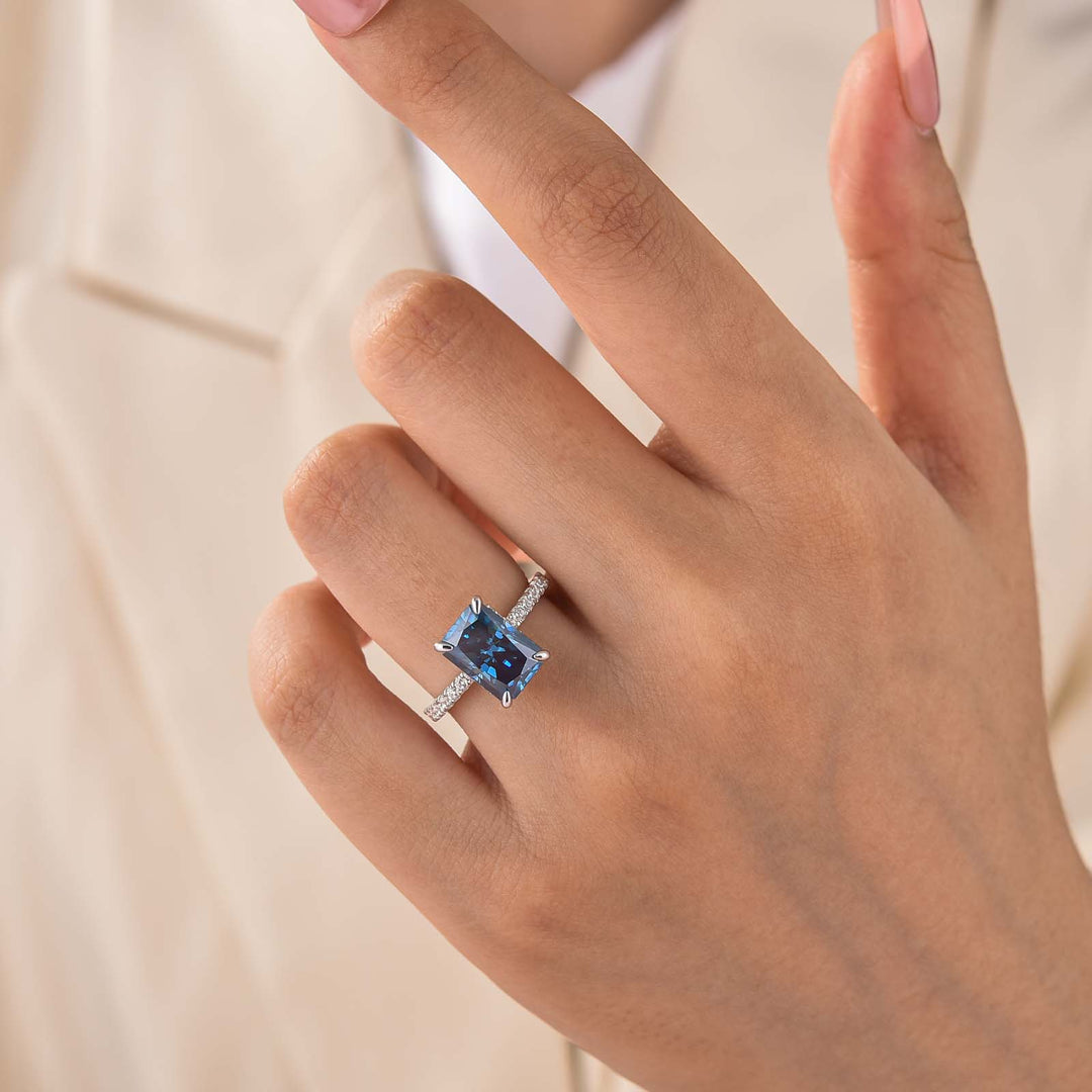 S925 Moissanite 3.5Ct Radiant Cut Blue Stone Stackable Travel For Women In Sterling Silver