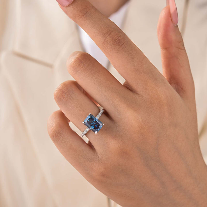S925 Moissanite 3.5Ct Radiant Cut Blue Stone Stackable Travel For Women in Sterling Silver