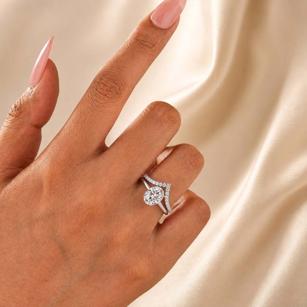 S925 Moissanite 2.0Ct Oval Cut Bridal Ring Set with 0.5Ct V-Shaped Wedding Band