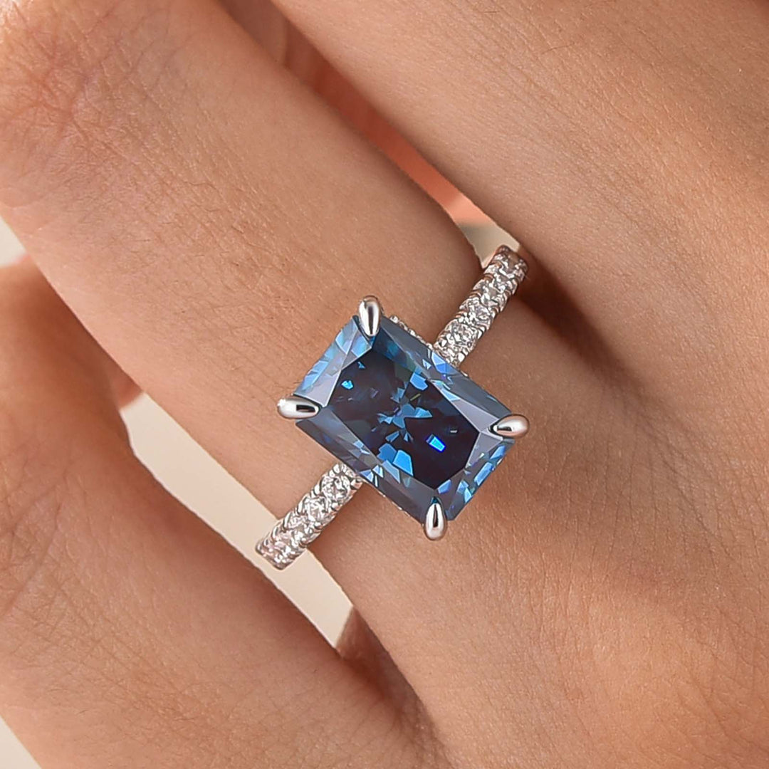 S925 Moissanite 3.5Ct Radiant Cut Blue Stone Stackable Travel For Women In Sterling Silver