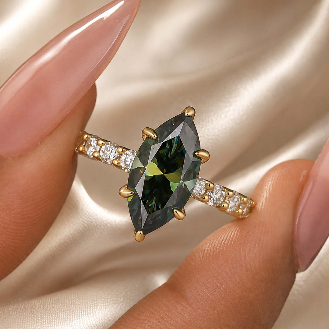 S925 Moissanite 3.0 Ct White &Green Marquise Cut Side Stone Yellow Gold Engagement Ring