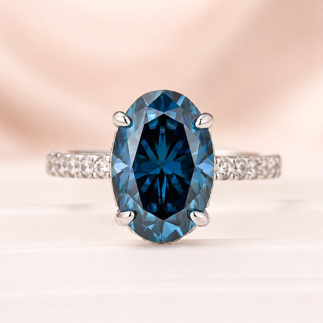Moissanite 4.0Ct Oval Cut Turquoise/Blue Hidden Halo Engagement Ring in Sterling Silver