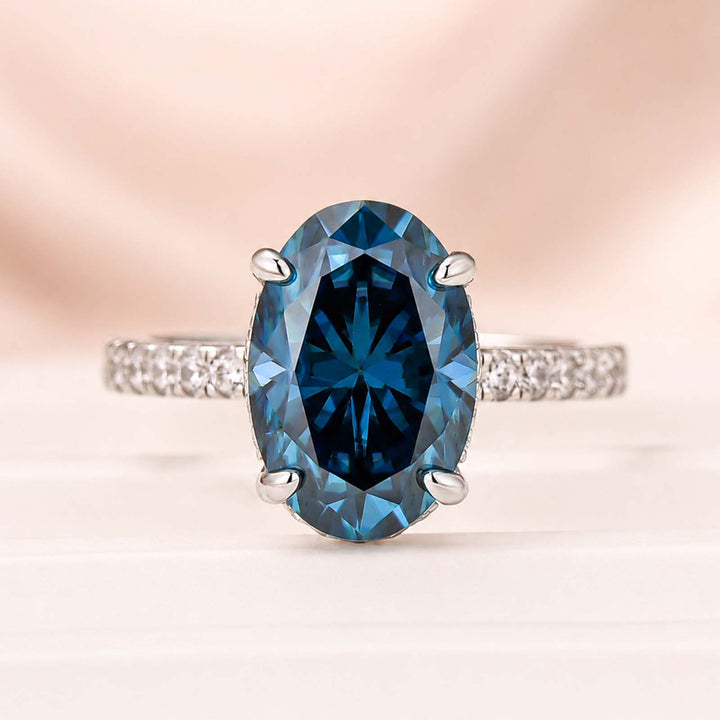 Moissanite 4.0Ct Oval Cut Turquoise/Blue Hidden Halo Engagement Ring in Sterling Silver