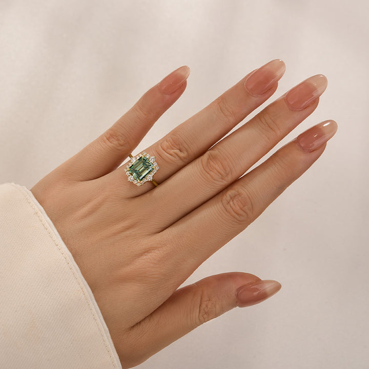 Moissanite 3.0Ct Halo Emerald Stone Emerald Cut Engagement Ring in Sterling Silver