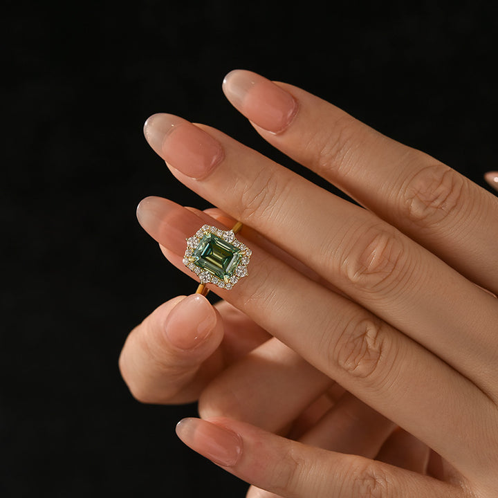 Moissanite 3.0Ct Halo Emerald Stone Emerald Cut Engagement Ring in Sterling Silver