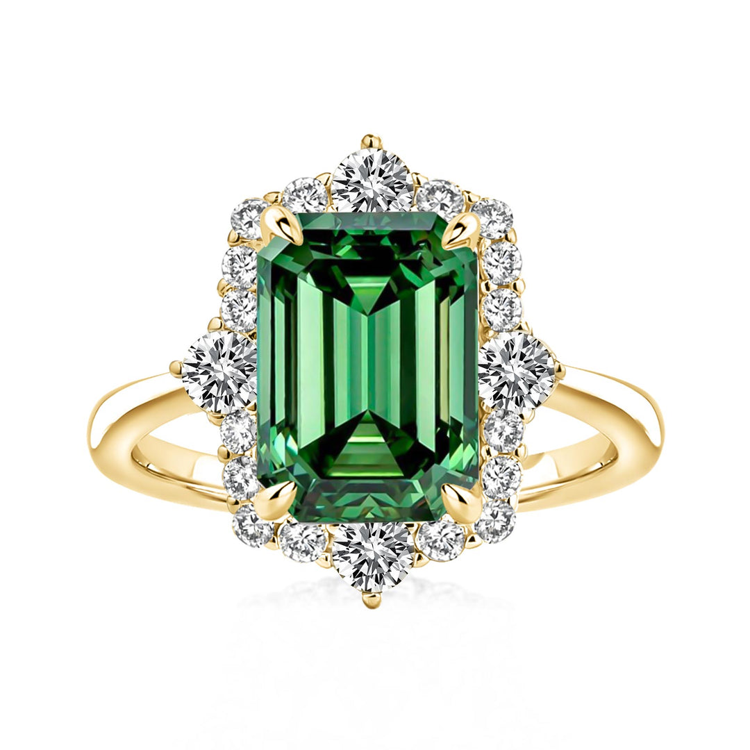 Moissanite 3.0Ct Yellow Gold Halo Emerald Stone Emerald Cut Engagement Ring
