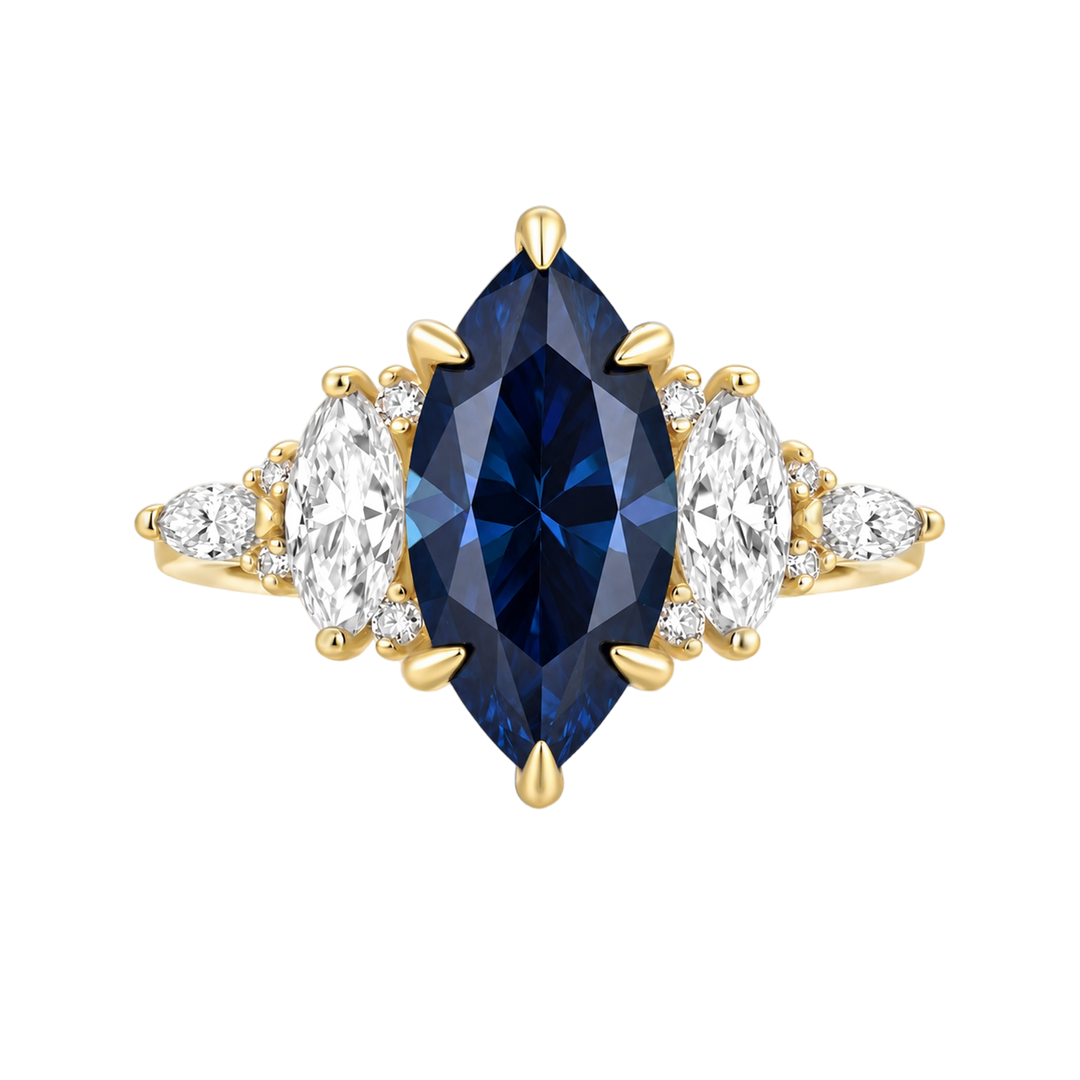 Moissanite 3.0Ct Blue Marquise Vintage Three-Stone Ring