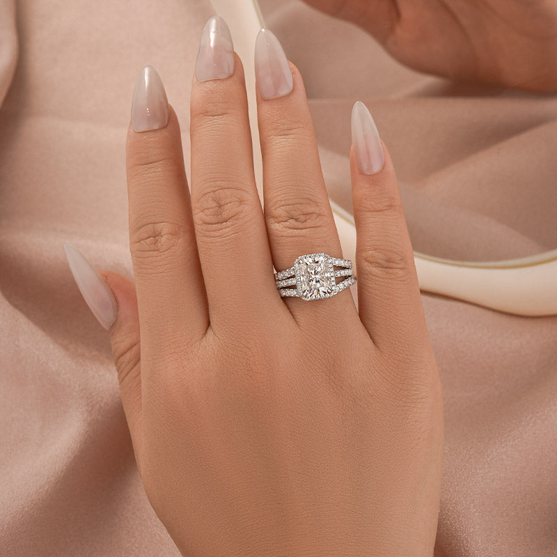 Moissanite 3.0Ct Halo Radiant Cut White Gold Wedding Ring with Enhancer Ring