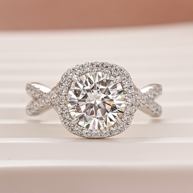 Moissanite 2.0Ct Halo Round Cut Twist White Gold Engagement Ring