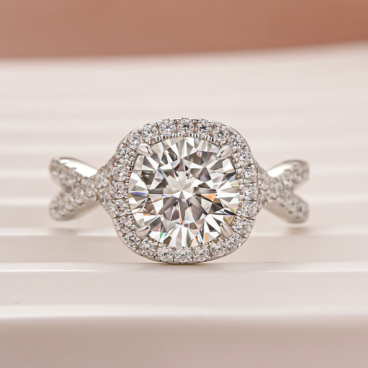 Moissanite 2.0Ct Halo Round Cut Twist White Gold Engagement Ring