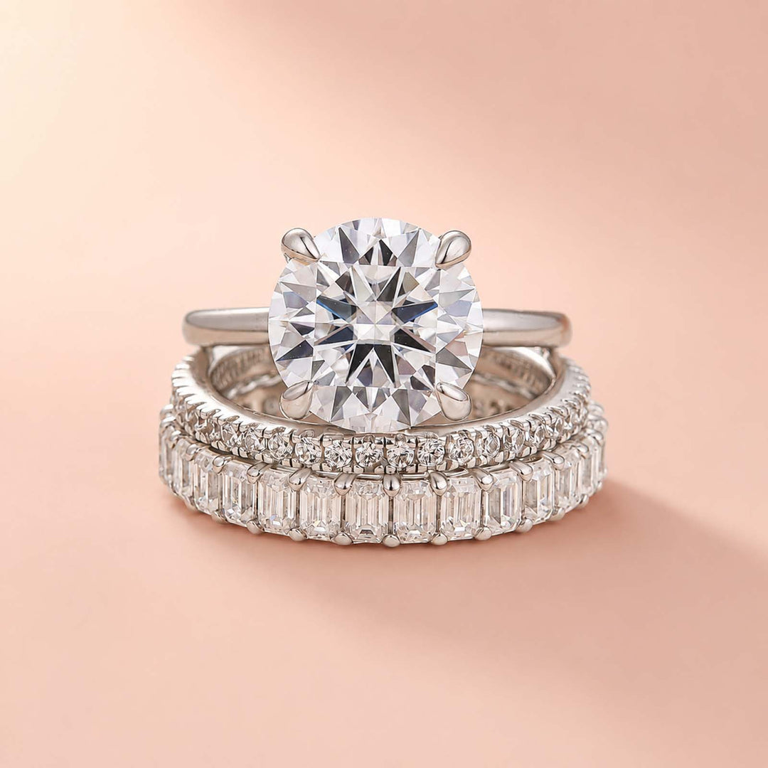 Rodiffy Moissanite S925 4.0Ct Solitaire Round Cut Engagement Ring in Sterling Silver with Classic Wedding Band