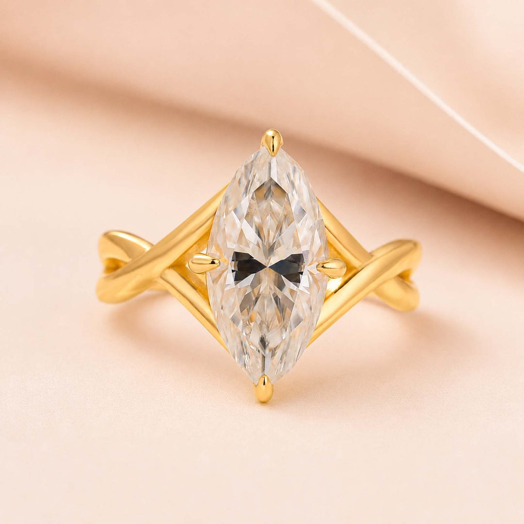 S925 Moissanite Twist 3.0Ct Marquise Cut Yellow Gold Engagement Ring