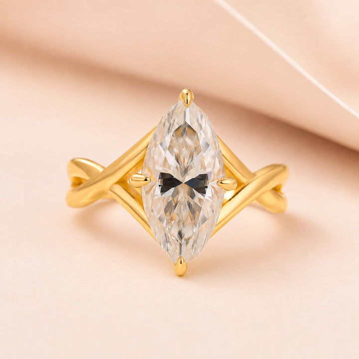 S925 Moissanite Twist 3.0Ct Marquise Cut Yellow Gold Engagement Ring