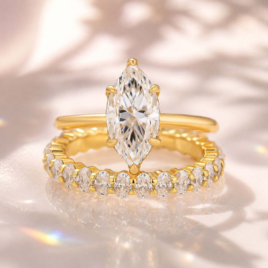 S925 Moissanite 2Ct Marquise Cut Engagement Ring With 3.0Ct Oval Full Pave Band Bridal Ring Set For Everyday Wear