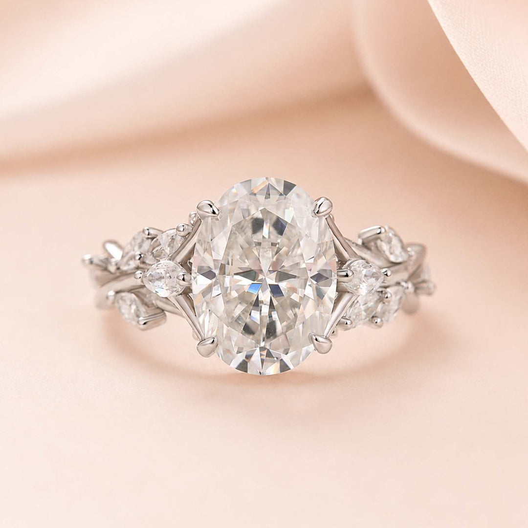S925 Vintage Moissanite 3.0Ct Oval Cut Side Stone Twist Engagement Ring in 18K White Gold Sterling Silver